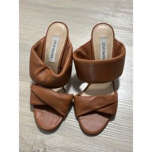 Steve‎ Madden Brown Leather Ruched Block Heel Slide Sandals Women's Size 7